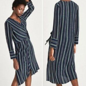 Zara Navy Green Striped Midi Dress
